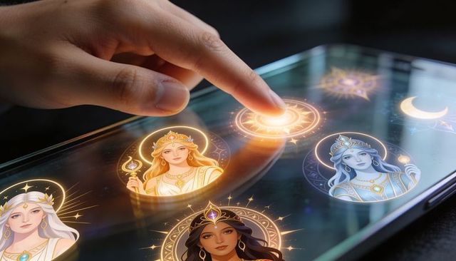 Pressing Finger Tapping Glowing Celestial Goddess Icons on Touchscreen Tablet for Myth App