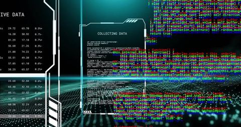 Futuristic HUD Collecting Data Holographic Code Stream Neon Teal Cyberpunk Interface