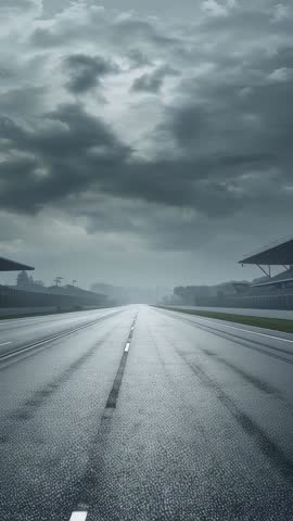 Vertical Opening Shot Showing Wet Race Track Reflecting Moody Cloudy Sky, Empty Circuit