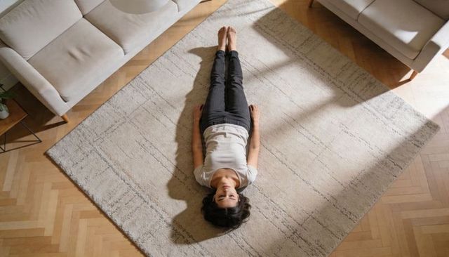 Calm woman lying on neutral rug in sunlit minimalist living room, relaxed at home