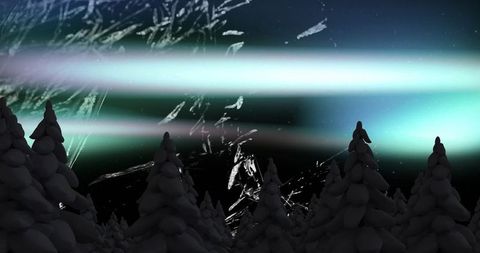 Northern lights over snowy forest with frost patterns