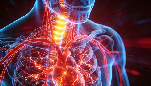 Glowing cardiovascular and neural anatomy inside translucent torso with heart, vessels, ribs