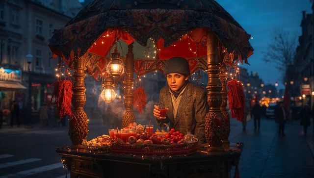 Evening tea vendor in urban market with warm lanterns and fruits
