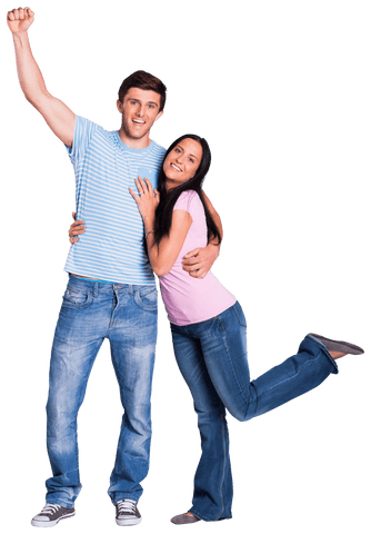 Happy Couple Cheering in Casual Wear Transparent Background