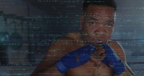 Boxer Training with Digital Interface Overlay Reflecting Modern Technology