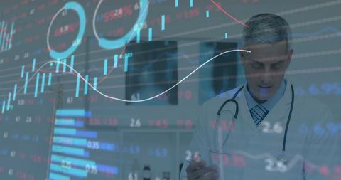 Doctor Analyzing Data with Medical and Statistical Overlay