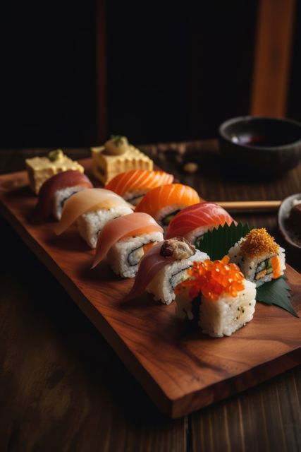 Assorted sushi displayed on a wooden platter includes nigiri, sashimi, and rolls, captured in a dimly lit environment. Ideal for use in culinary blogs, restaurant presentations, marketing materials for Japanese cuisine, or social media posts about gourmet dining experiences.