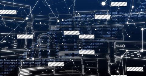 Futuristic digital schematic with scrolling code and components