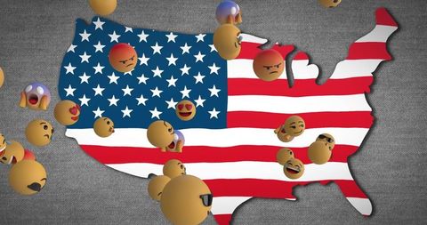 Emojis floating over american flag map representing patriotism