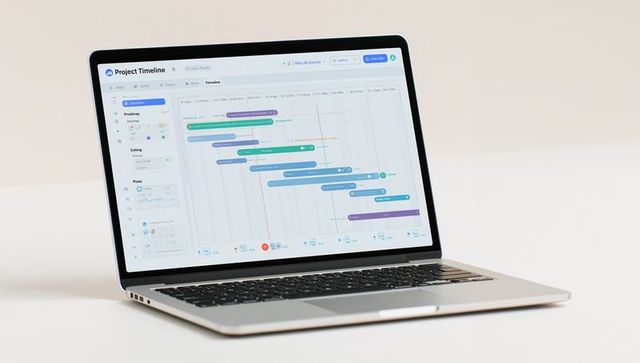 Silver laptop displaying gantt chart timeline on minimal white desk for productivity