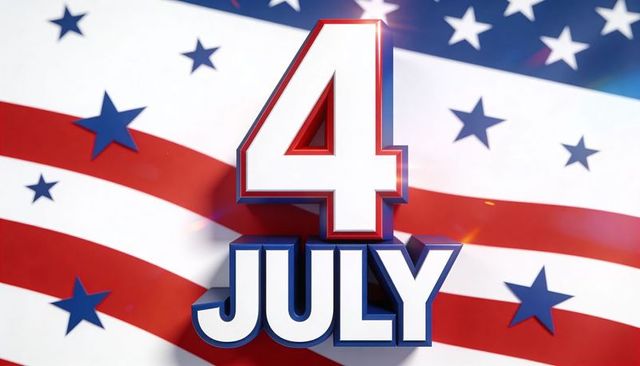 Bold 3d fourth of july text over waving american flag with stars and stripes