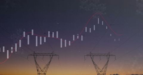 Power grid towers with candlestick chart overlay at dusk