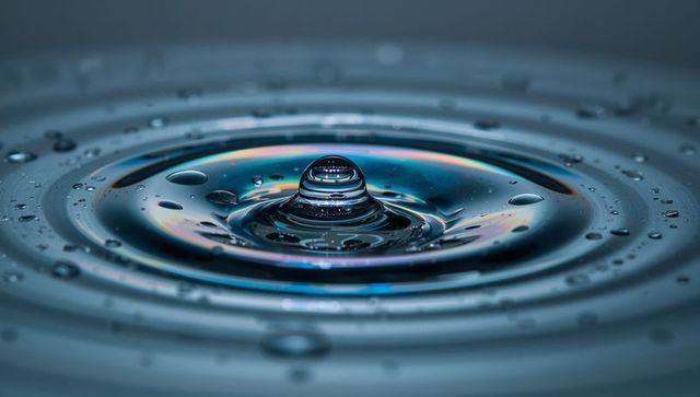 Iridescent water droplet rising with concentric ripples macro abstract liquid motion