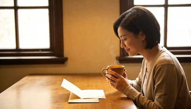 Woman reading letter while holding steaming mug in cozy sunlit kitchen nook, morning calm