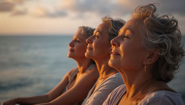 Three senior women enjoying sunset on pier, peaceful coastal retirement lifestyle