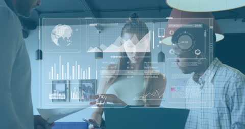 Diverse Team Analyzing Digital Data with Global Graph Overlay