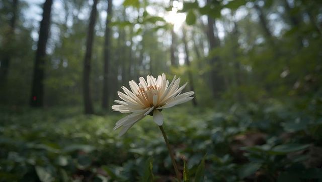 Pale cream daisy rising from forest floor, single wildflower blooming under canopy light