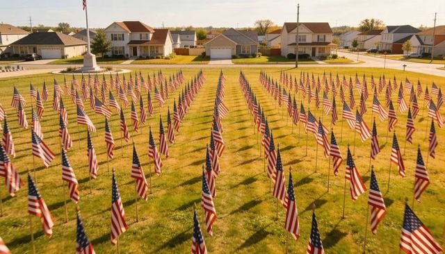 Hundreds of american flags standing in neat rows across suburban lawn for tribute