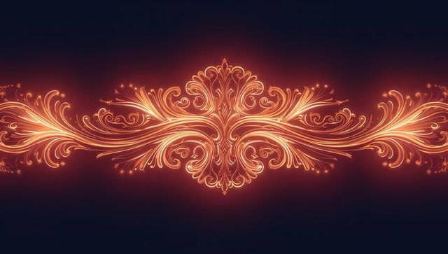 Glowing ornamental filigree medallion radiating neon gold flourish across dark gradient