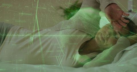 Woman waking in smart bedroom using sleep monitoring data overlay and wellness tech