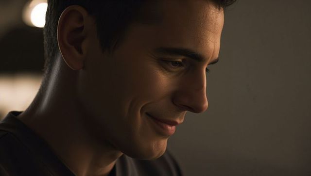 Warm intimate closeup of smiling young man in soft rimlight showing calm confidence studio-lit