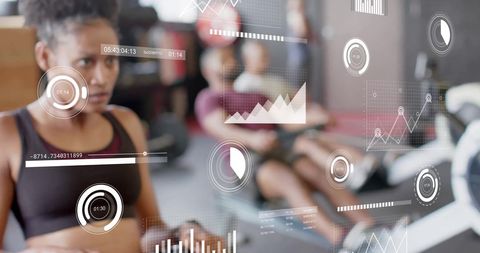 Data analytics and diverse athletes using rowing machines in gym