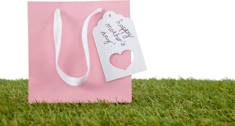 Transparent pink gift bag with mother's day tag on grass