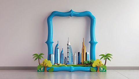 Miniature skyscraper models in glossy frame display