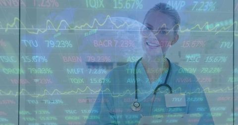 Female Doctor with Holographic Financial Data Overlay