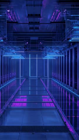 Vertical Neon Corridor with Pulsing Floor Panels and Glowing Doorway — Futuristic Cyber Interior