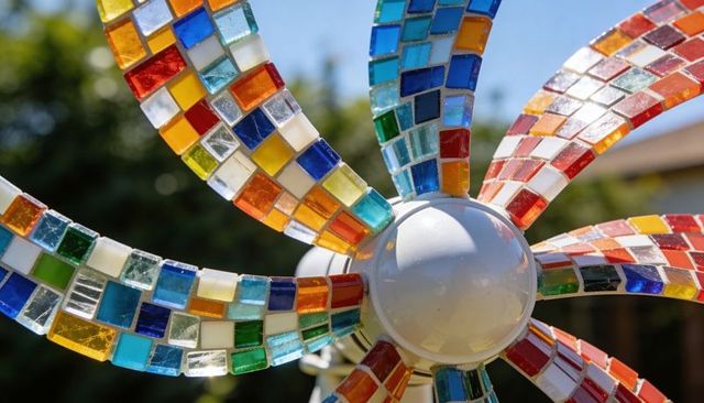 Spinning mosaic garden wind spinner with glossy white hub and colorful glass tiles