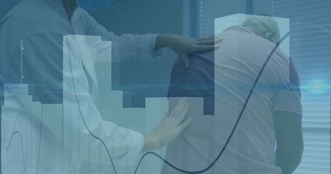 Doctor performing diagnostic check with data analytics overlay