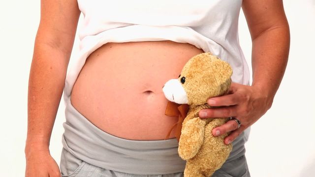 The image shows a pregnant woman holding a teddy bear against her belly, symbolizing love and anticipation for the new child. It evokes feelings of motherly care and the loving preparation for a child. Useful for materials aimed at prenatal care, maternity guides, or parenting blogs, underscoring emotional connections during pregnancy.