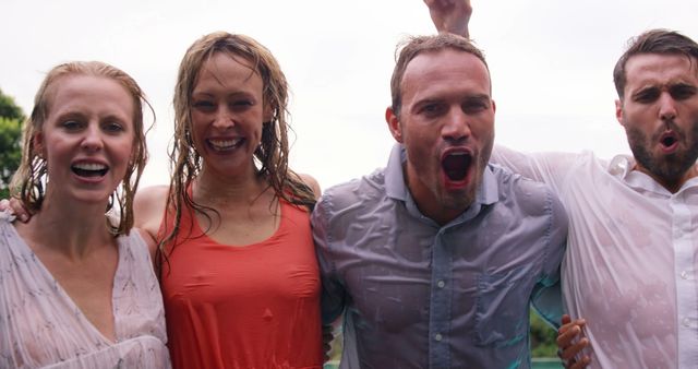 Wet Group of Friends Celebrating Outdoor - Download Free Stock Images Pikwizard.com