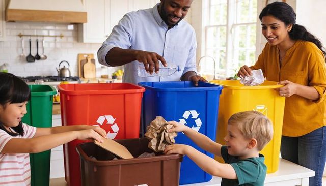 Family sorting recyclables in bright kitchen teaching children recycling and sustainability