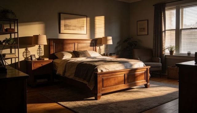 Cozy sunlit wooden bedroom featuring warm late-afternoon light and blinds casting shadows