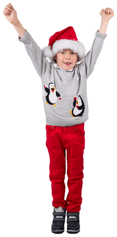Joyful Boy Celebrating in Christmas Attire on Transparent Background