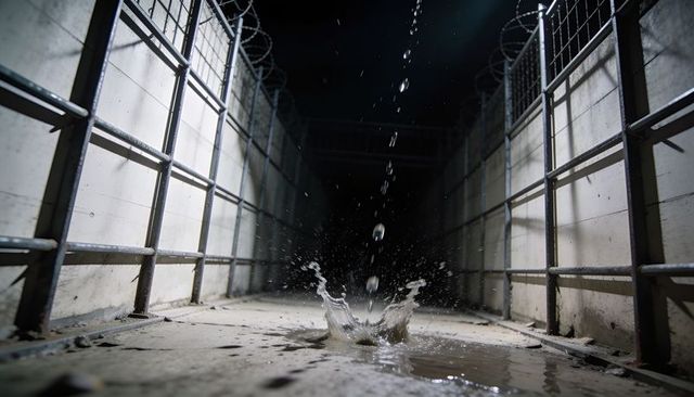 Dripping water creating splash in gritty concrete passage under dramatic night lighting