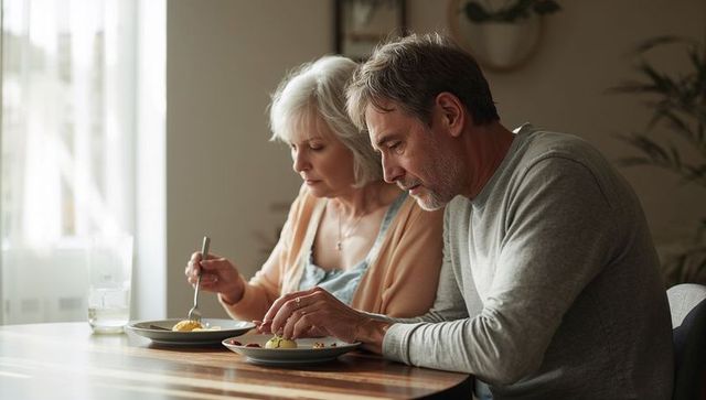 Senior couple enjoying sunlit breakfast at home, intimate cozy companionship moment together