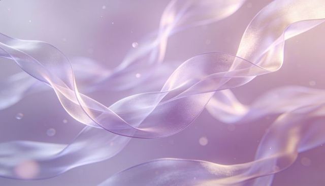 Lavender translucent ribbon waves floating in ethereal pastel gradient with bokeh