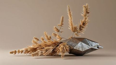 Geometric metal vase with dried wheat displaying minimalist art