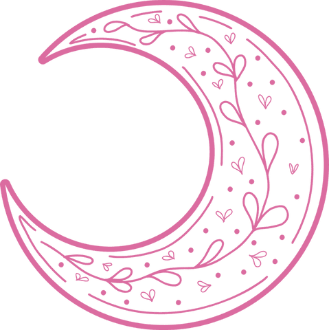 Pink crescent moon with heart motifs on transparent background