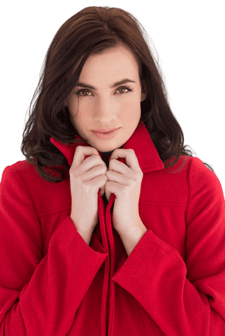Stylish Brunette Woman in Vibrant Red Coat Transparent Background