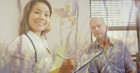Healthcare Concept: Female Doctor and Senior Patient with Nature Imagery