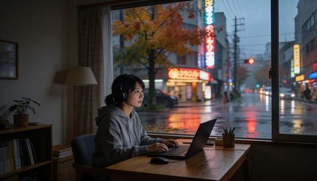 Woman working from home wearing headset typing on laptop by rainy window with neon reflections