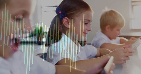 Elementary students using tablets with data overlay illustrating digital learning and analytics