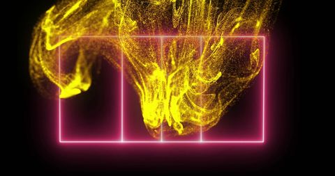 Dynamic yellow particles on neon pink grid background
