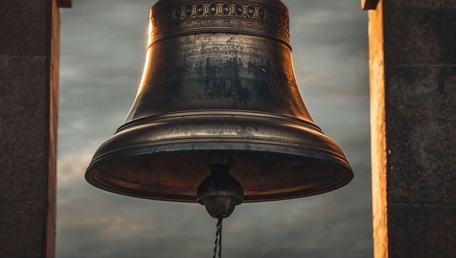 Massive bronze bell hanging in open belfry showing ornate banding and weathered patina