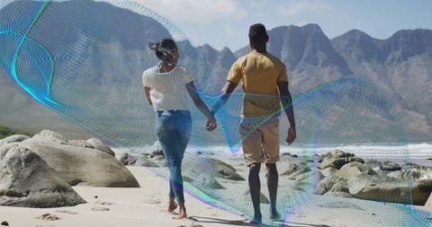 Couple Walking on Beach with Digital Mesh Overlay