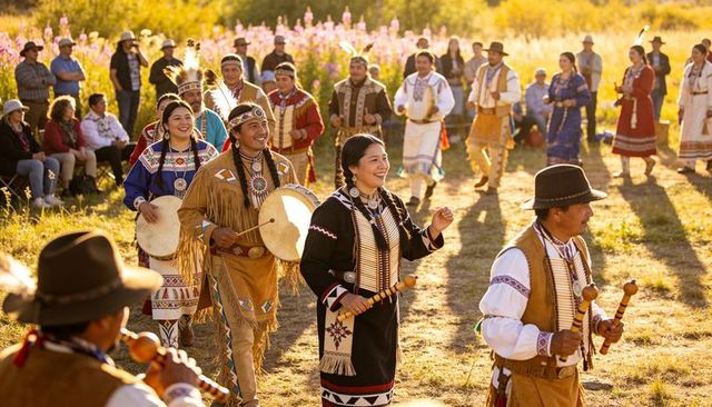 Sunlit indigenous drum and dance celebration with smiling woman in traditional regalia